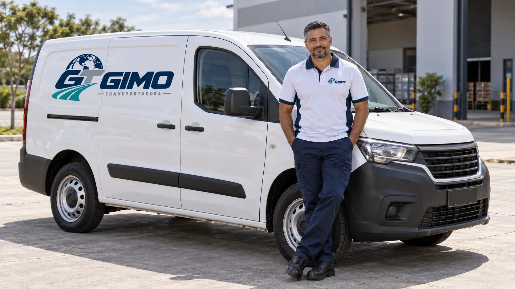 Motorista ao lado de utilitário branco com a marca Gimo Transportadora