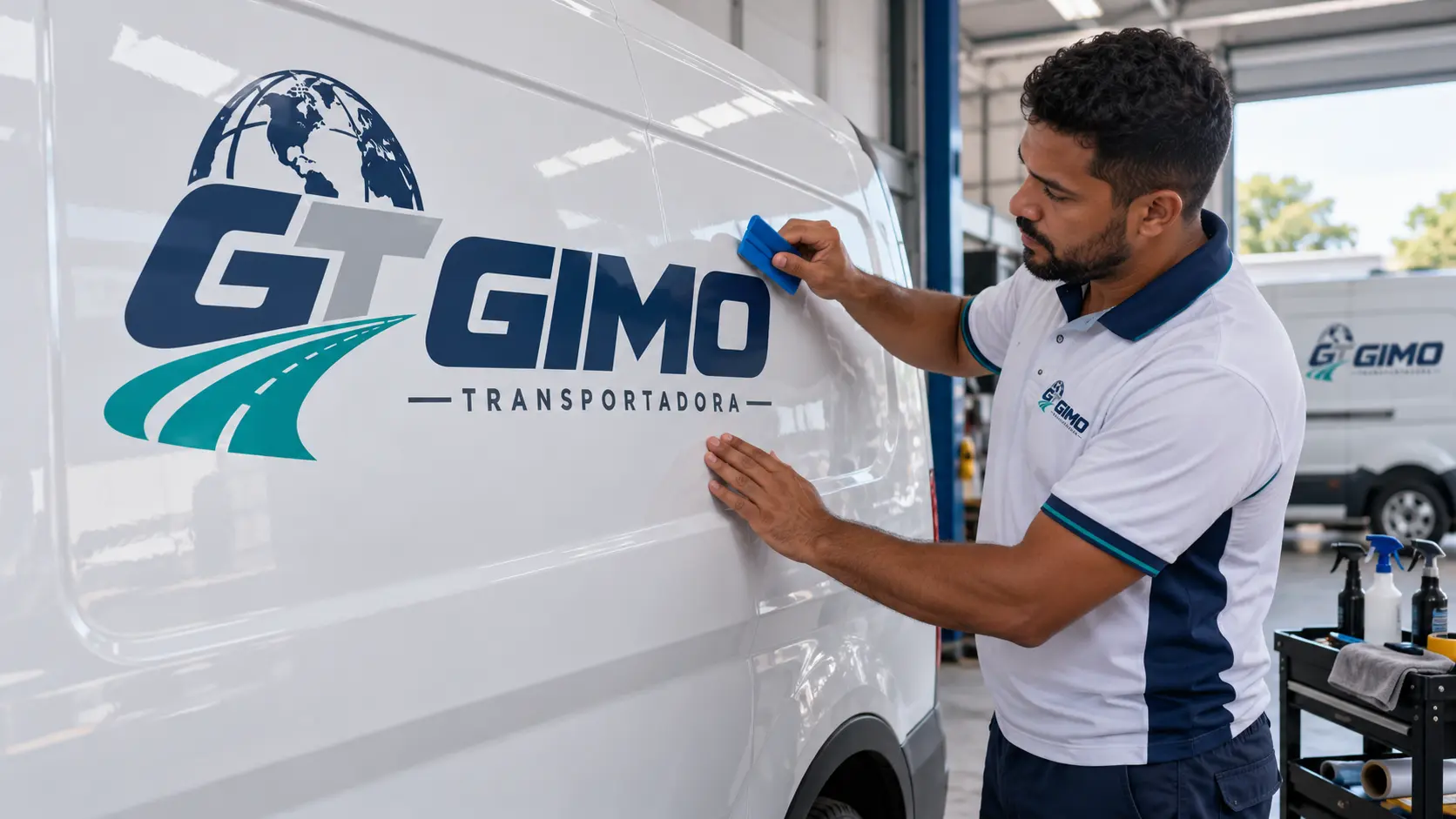 Profissional aplicando a identidade visual da Gimo na lateral de um veículo