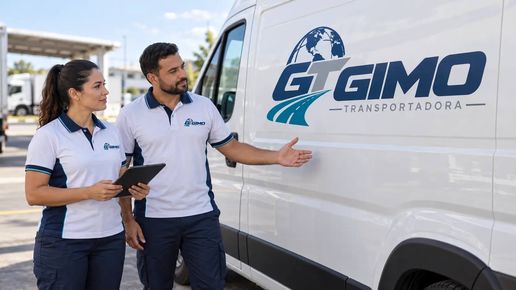 Dois profissionais uniformizados conferindo uma van com a marca Gimo