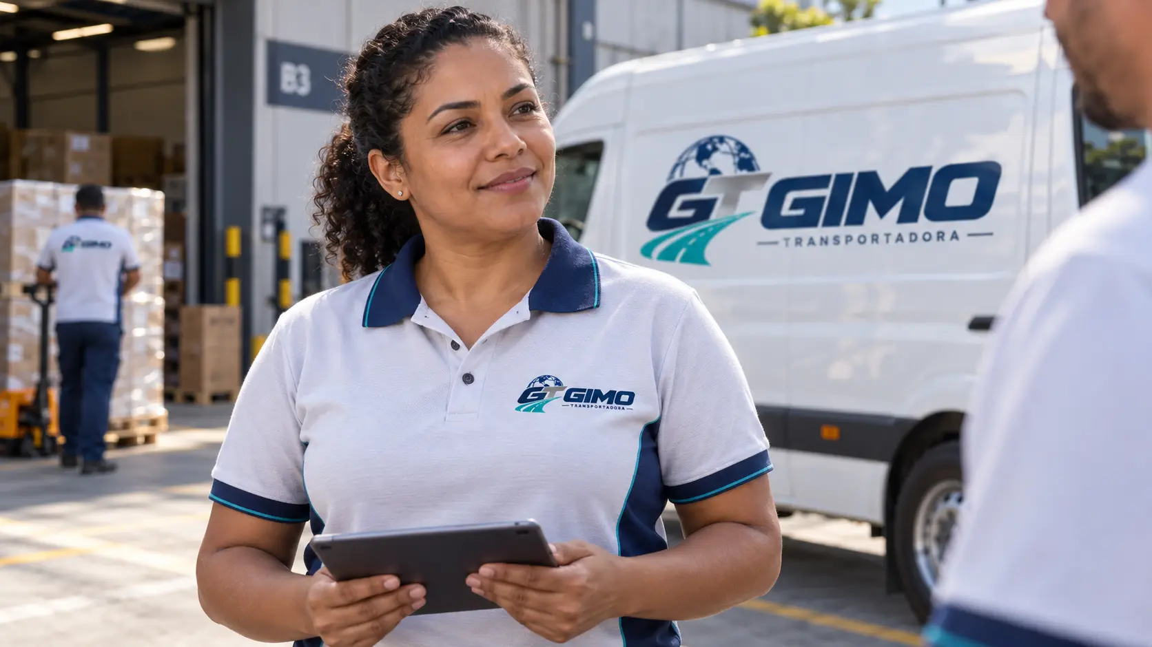 Profissional de logística com tablet em pátio, com van da Gimo Transportadora ao fundo