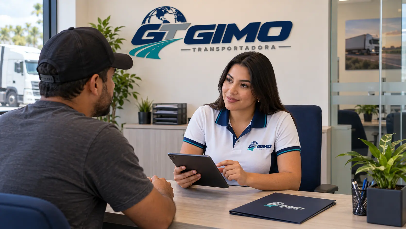 Atendente da Gimo Transportadora conversando com motorista interessado na recepção