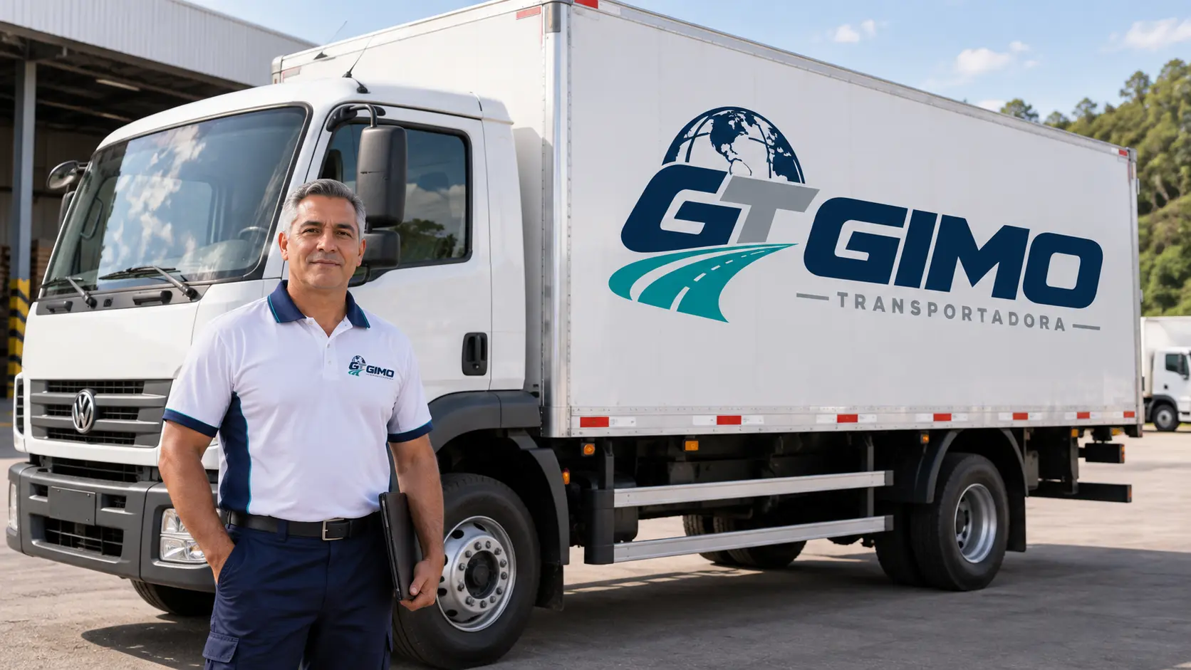Motorista ao lado de caminhão baú branco com a marca Gimo Transportadora