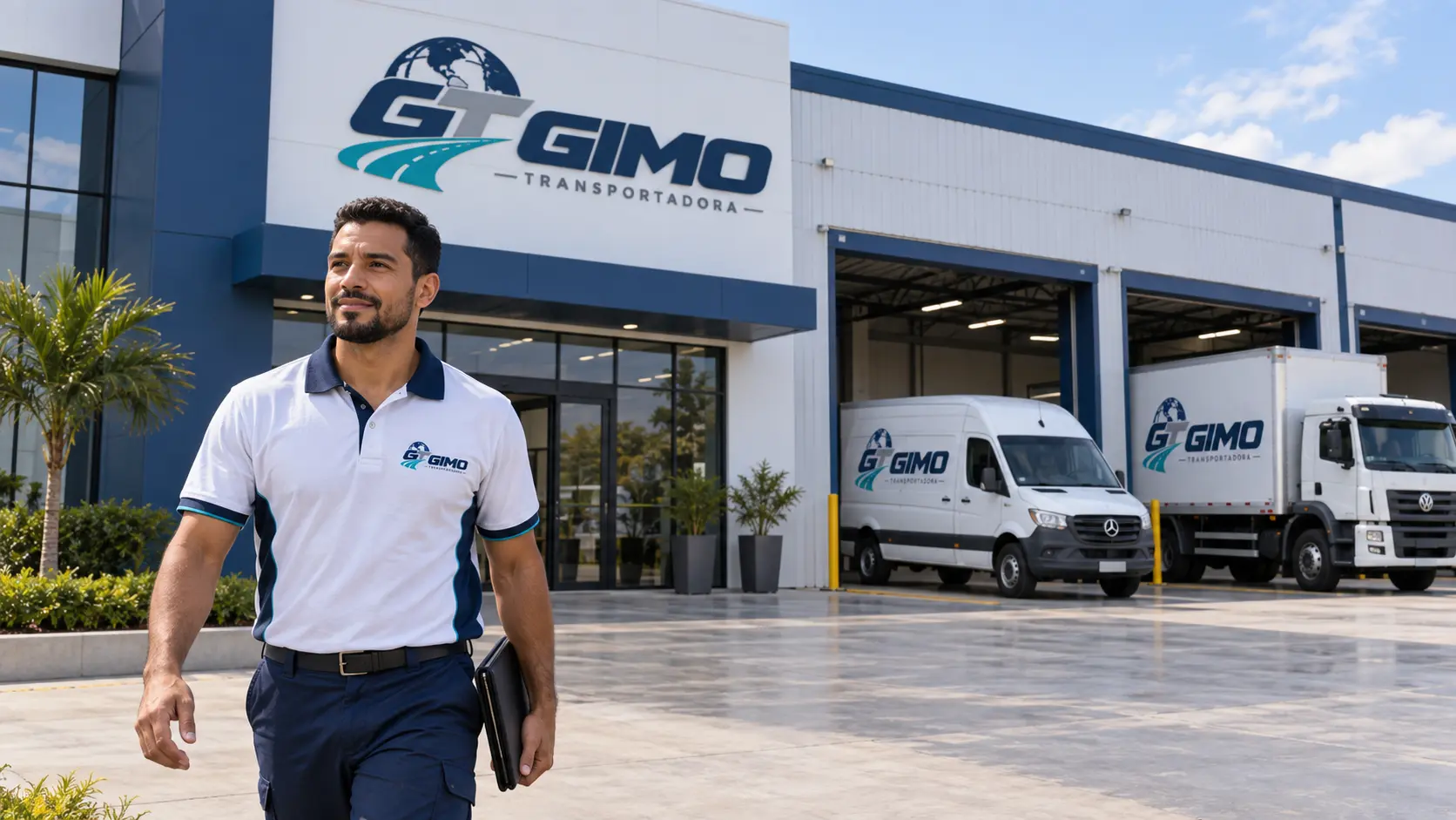 Fachada de galpão com a marca Gimo Transportadora, veículos e profissional à frente