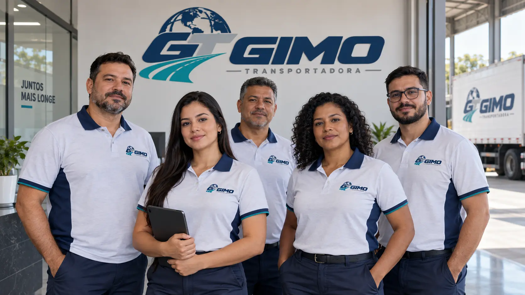 Equipe uniformizada da Gimo Transportadora em ambiente administrativo, com a marca ao fundo